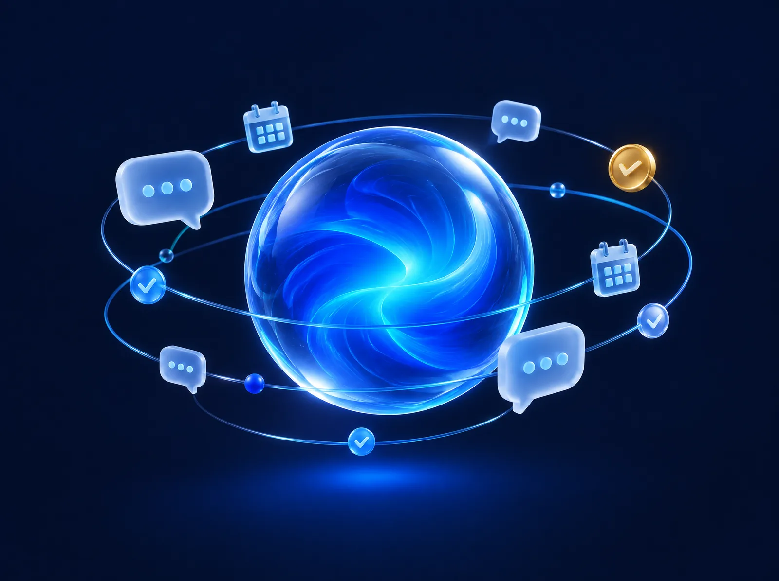 Glowing AI core sphere orbited by chat, calendar and checkmark tokens