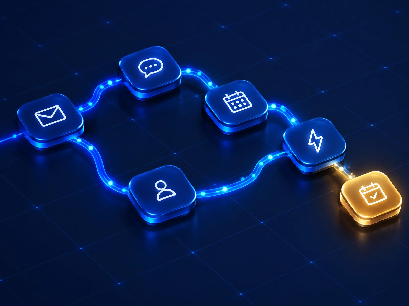 Automation workflow of connected email, chat, calendar and lead tiles ending in a booked meeting