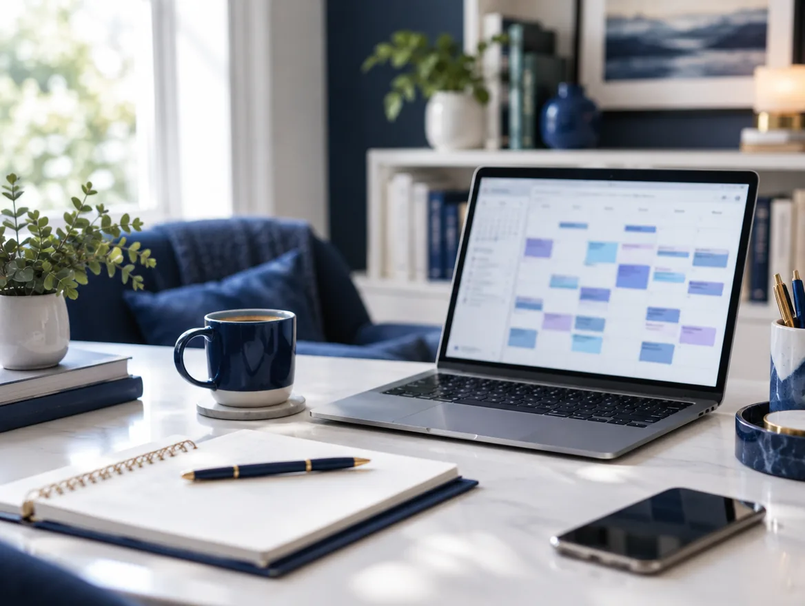 Coach's home office with a laptop calendar full of booked sessions