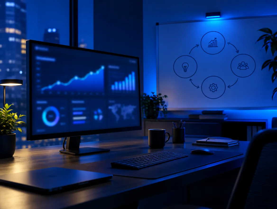 Startup founder desk with a growth dashboard and a flow diagram on the whiteboard