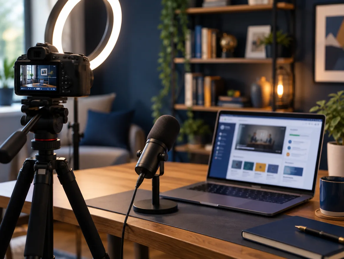 Online course recording setup with camera, light and microphone