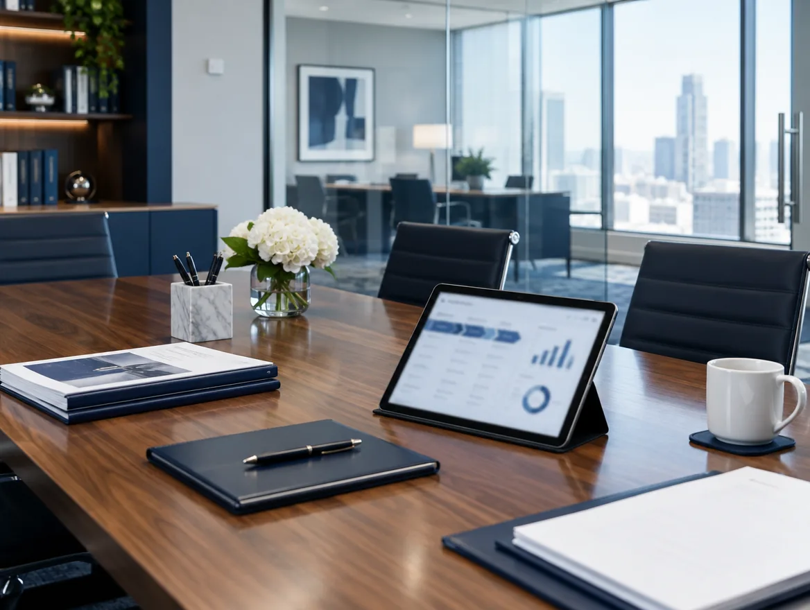 Modern professional services firm meeting room with a pipeline dashboard