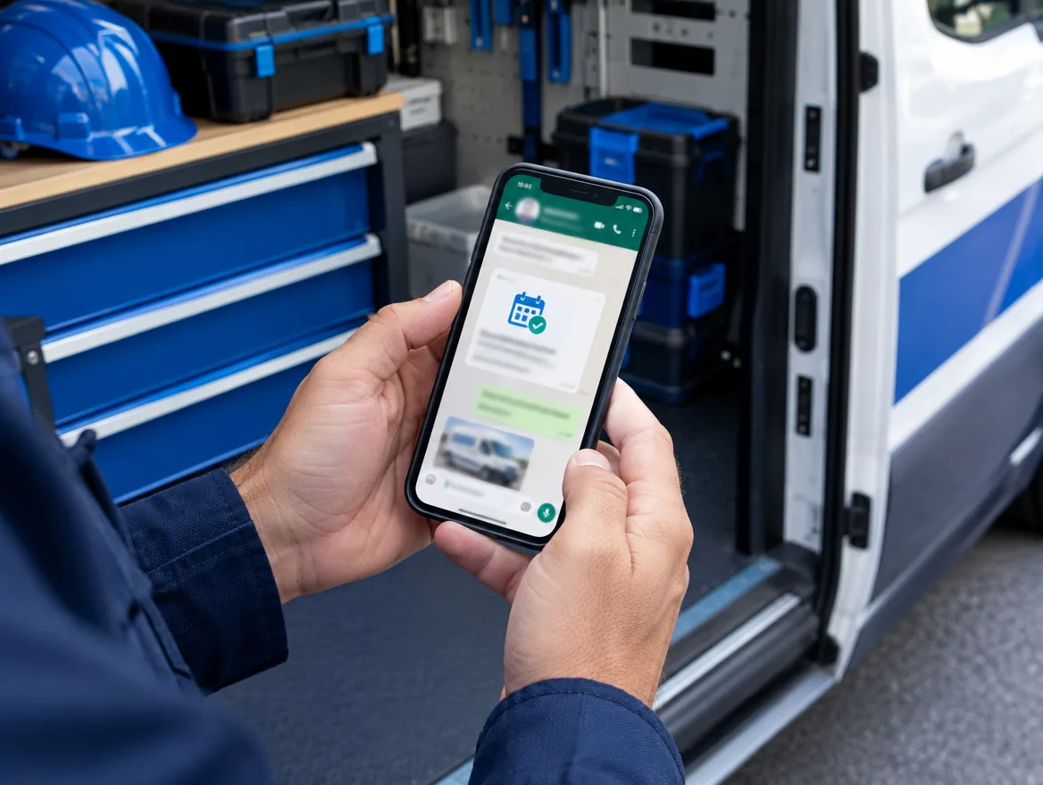 Technician holding a phone with an appointment confirmation