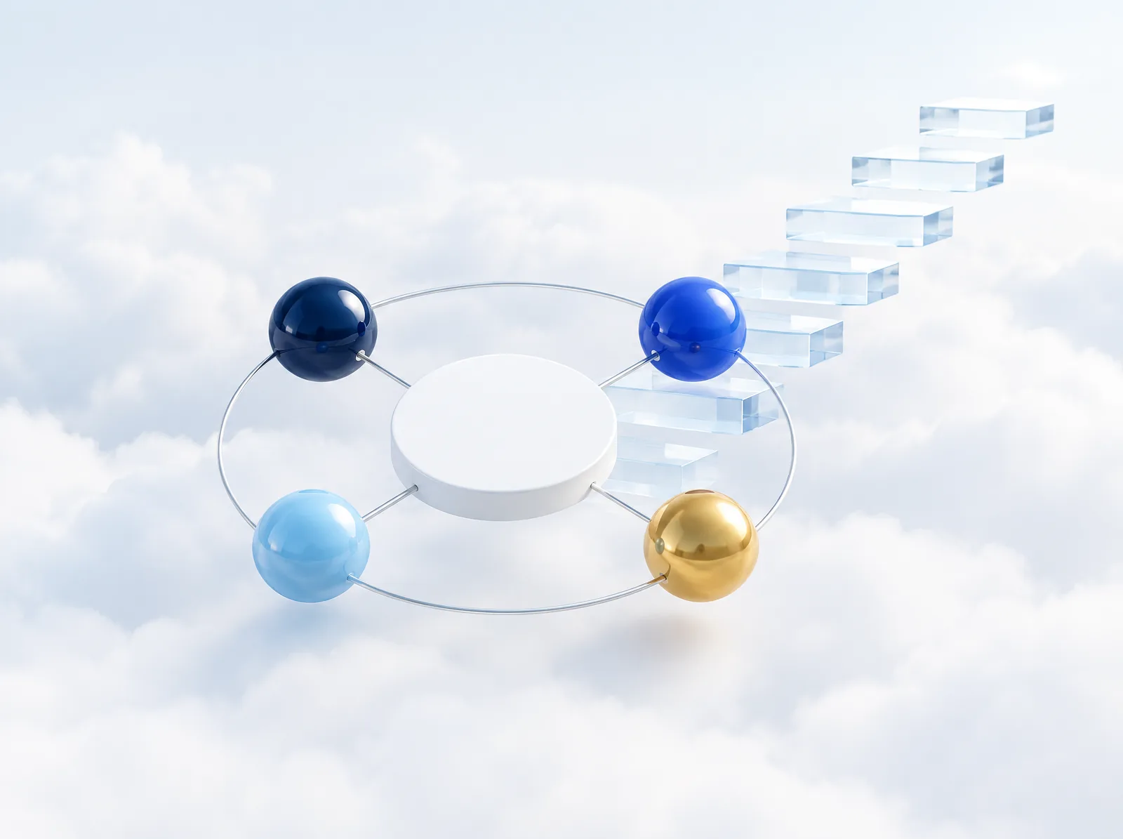 Orbit ring with four connected spheres and glass steps rising for business growth