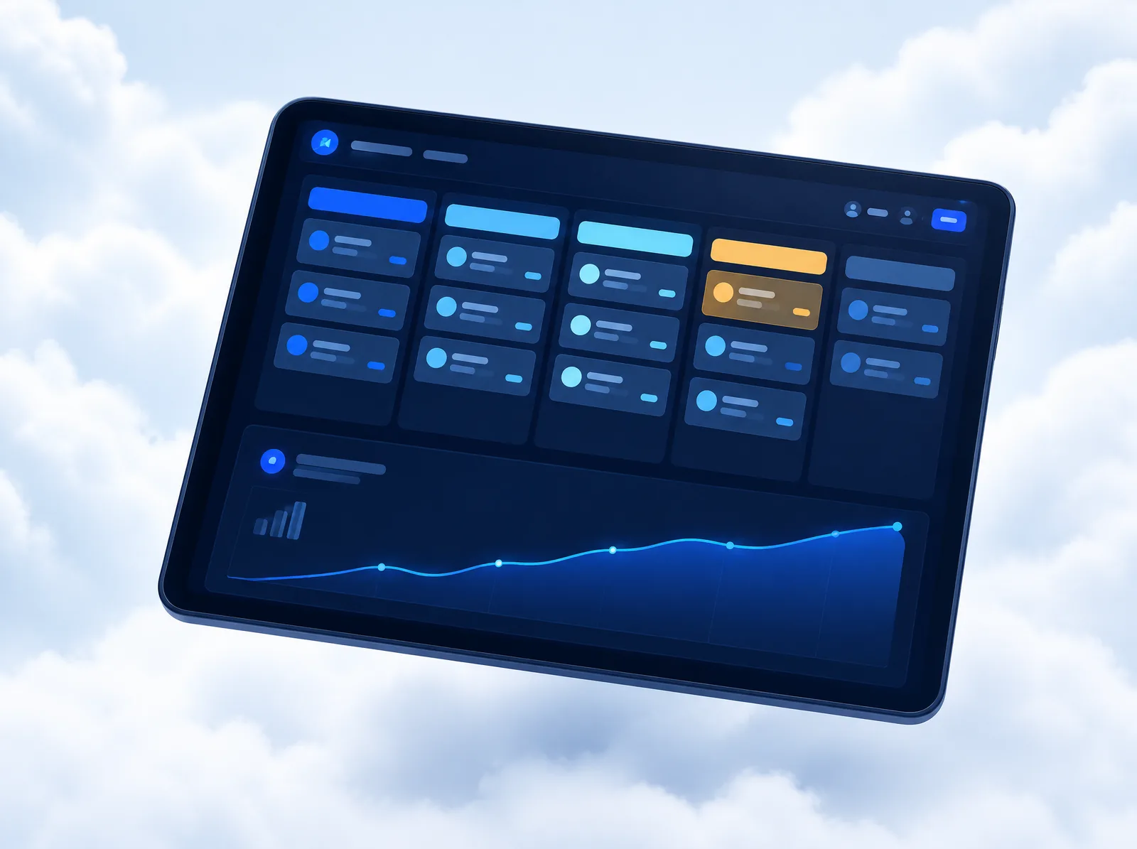 Tablet showing a CRM sales pipeline dashboard with a rising chart