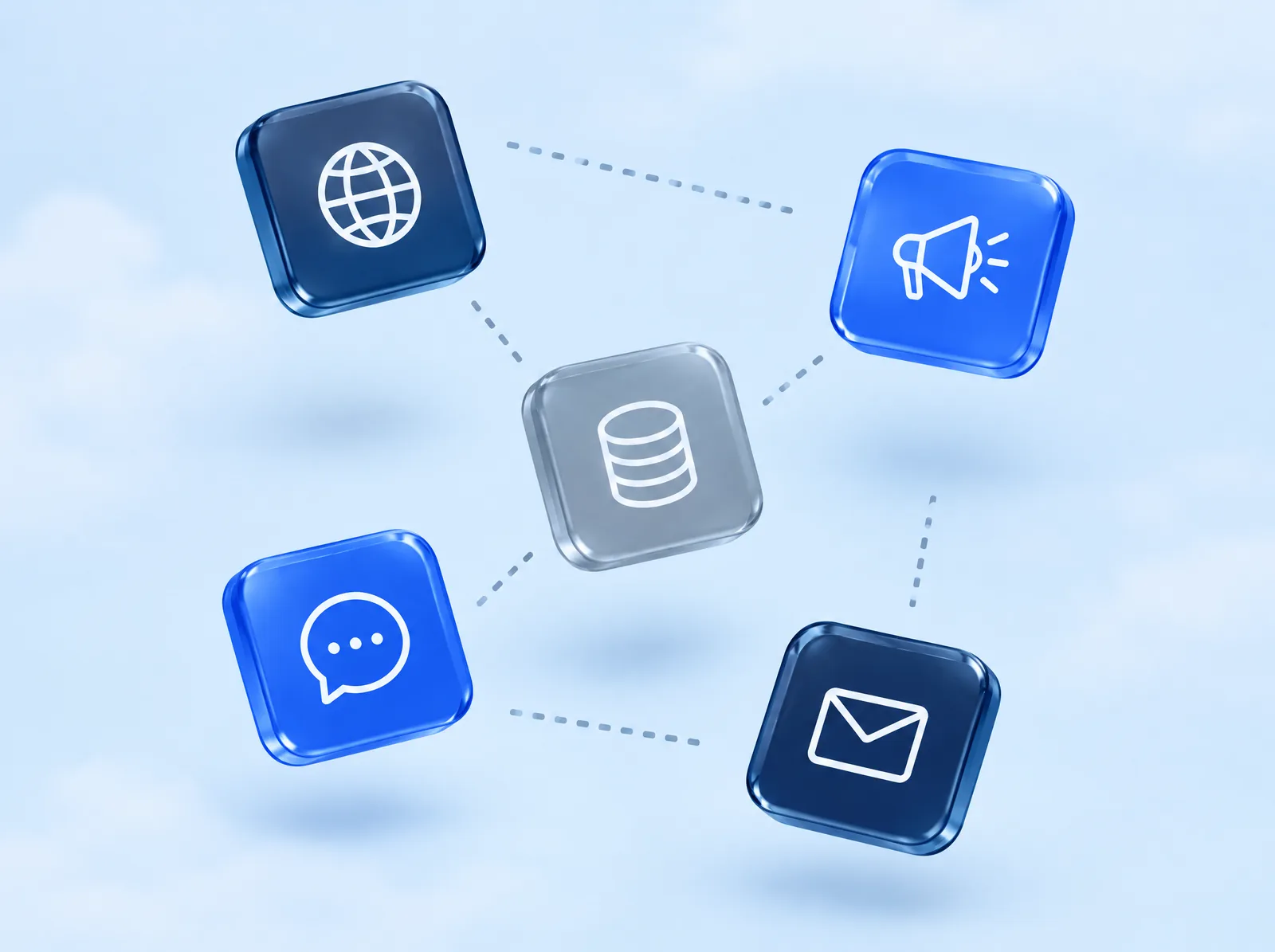 Disconnected website, ads, CRM, chat and email tiles drifting apart