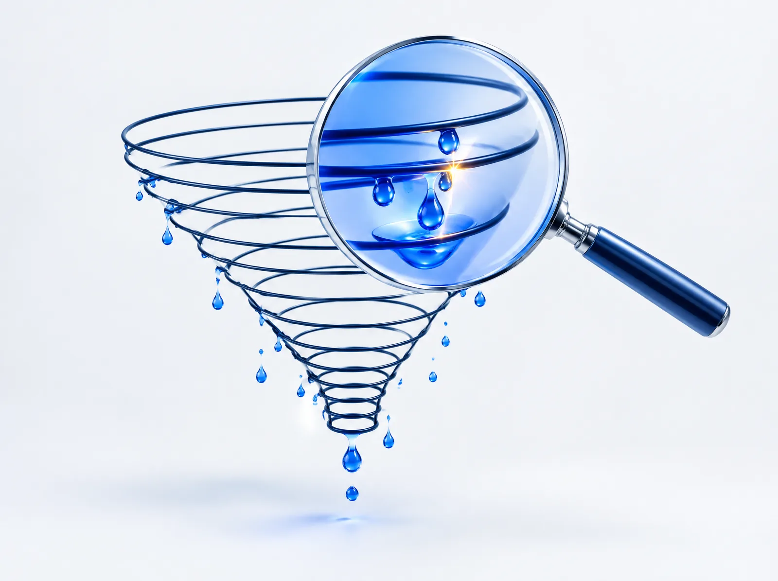 Magnifying lens revealing where a sales funnel leaks leads