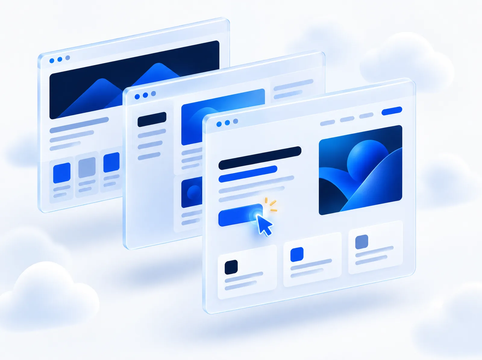 Floating glass browser windows showing a conversion-focused website layout