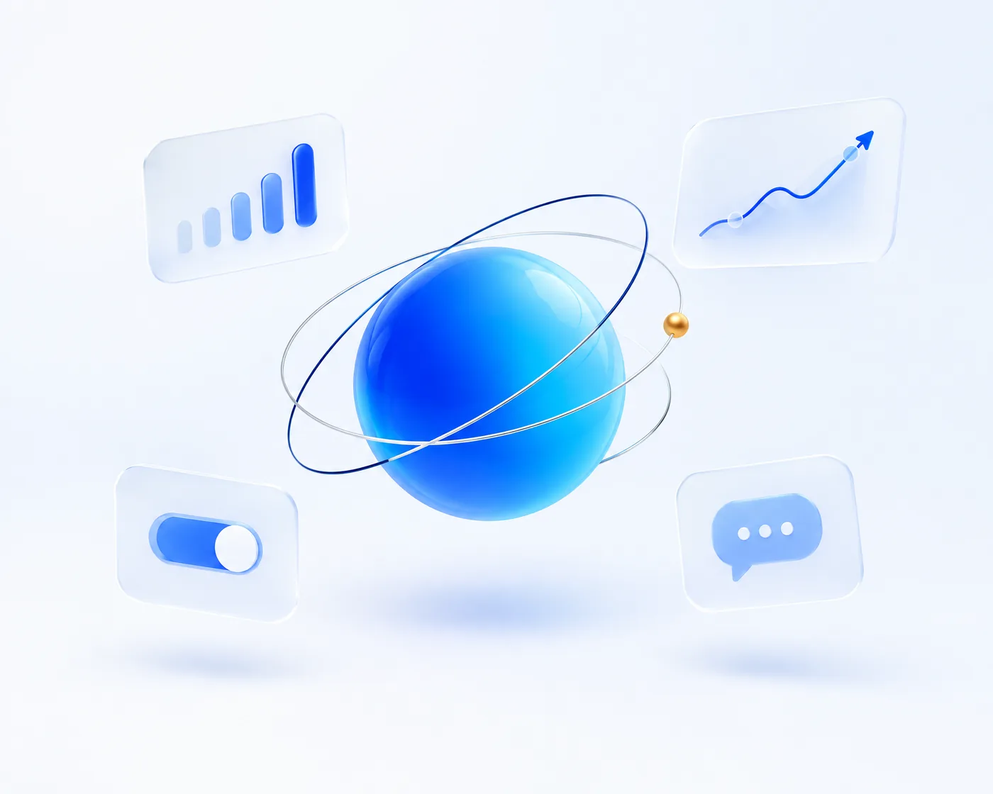 Glowing blue orb circled by orbit rings with floating growth dashboard cards