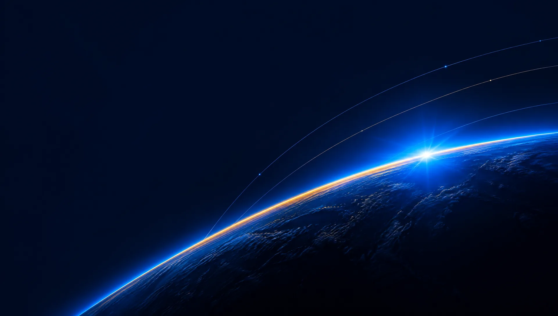 Blue sunrise over a planet horizon with orbit lines, symbolising Orbirise